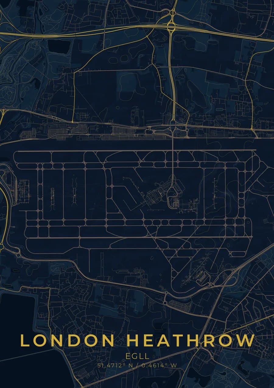 London Heathrow airport print in midnight blue