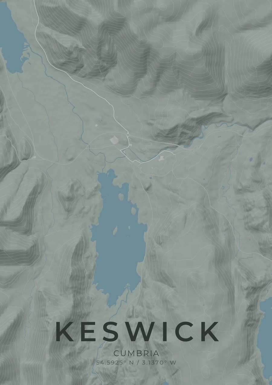 Keswick print in a sage style with hillshaded fells