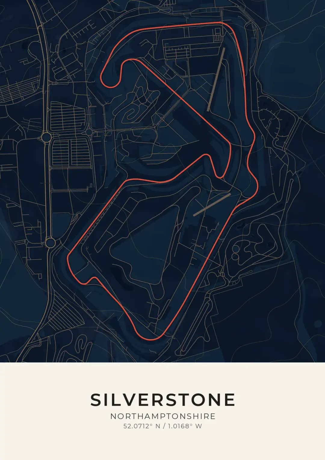 A Maps & Son poster of the Silverstone circuit, in midnight blue